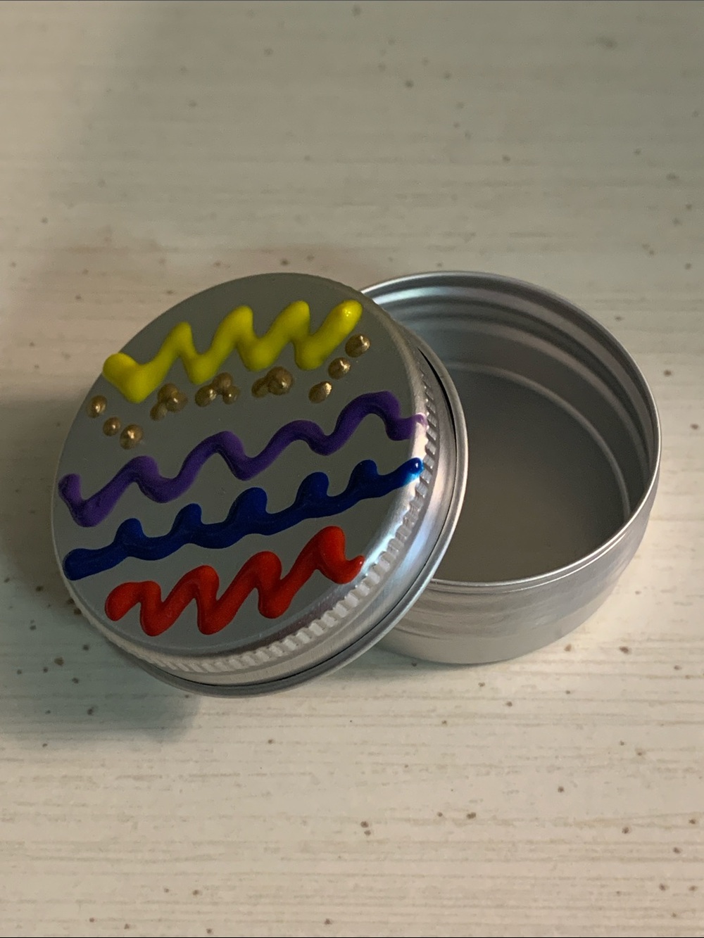 Hand-Painted Silver Tin with Bright Squiggle Design